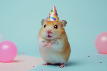 Adorable hamster wearing party hat celebrates with colorful balloons