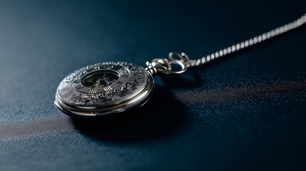 Ornate silver pocket watch with chain on a dark surface.