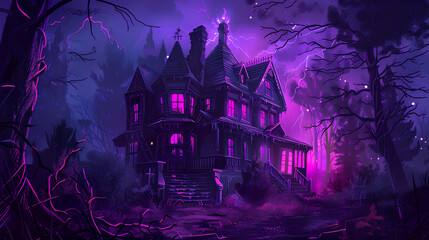 Old haunted house, illuminated by purple light