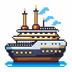Obraz premium Retro Pixel Art Cruise Ship on Ocean with Blue Sky and Clouds