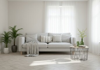 Naklejka premium Minimalist living room with sofa, pillows, plants, and table near sheer curtains