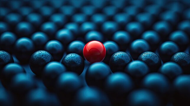 Conceptual red ball duo highlighted among matte black spheres, visual metaphor for uniqueness