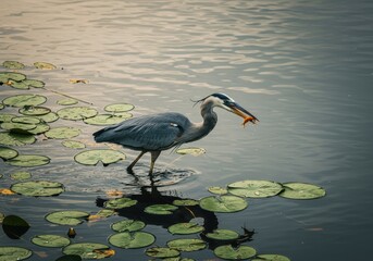 Wading Heron Secures Goldfish Among Lily Pads
