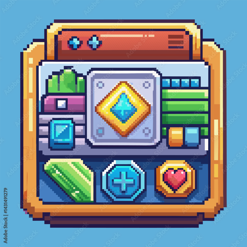 Poster colorful pixel art game interface with icons and buttons