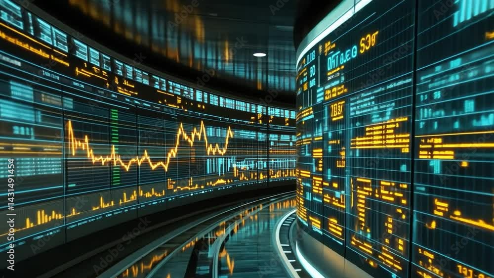 Poster futuristic digital data wall displaying market trends and analytics in a sleek environment