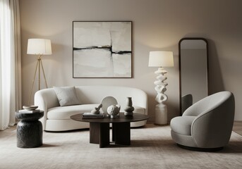 Living room with white sofa, round coffee table, and abstract artwork
