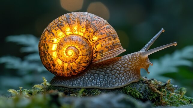 Illuminated snail in natural setting