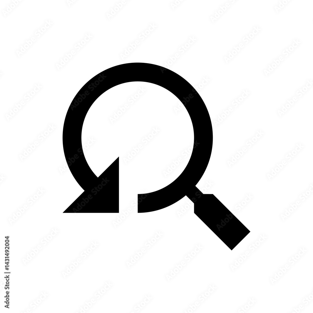 Poster black magnifying glass icon with an arrow pointing back indicating a search again or refresh button 