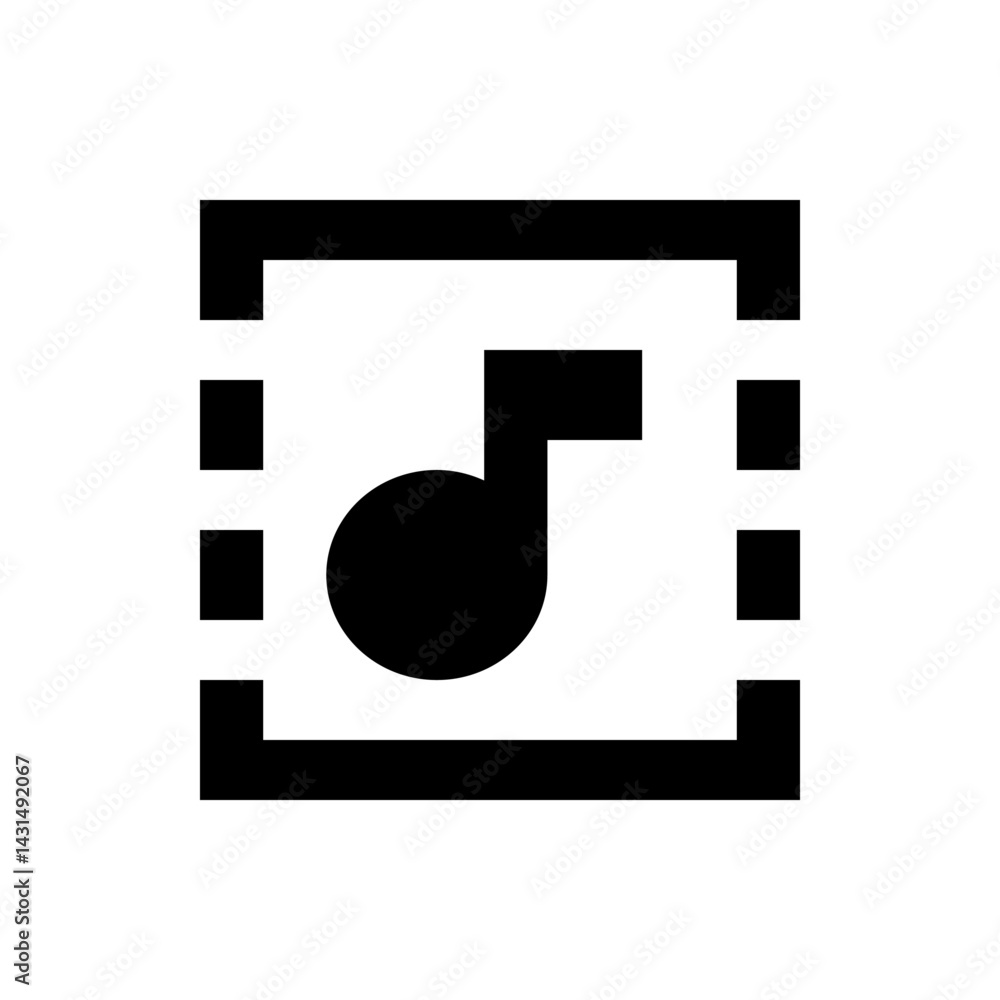 Poster black musical note inside a square frame with dashed lines on the sides in a simple vector design