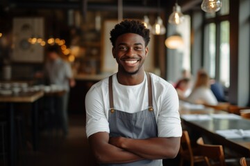 Fototapeta premium Smiling portrait of a young male African American waiter in a cafe