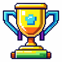 Obraz premium Retro Pixel Art Golden Trophy with Blue Cross Emblem