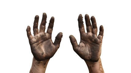 Dirty man hands on transparent background, Cutout, PNG format.
