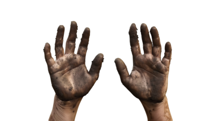 Dirty man hands on transparent background, Cutout, PNG format.