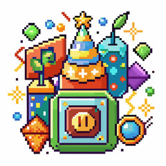 Colorful Pixel Art Icons of Party and Celebration with Stars and Lights
