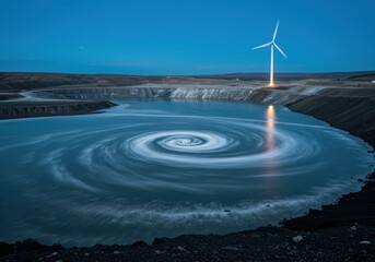 Wind Turbine over Blue Vortex Reservoir at Twilight