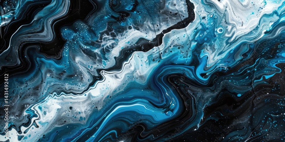 Poster close up abstract picture of blue and black colour has been mixing with each other and white colour,
