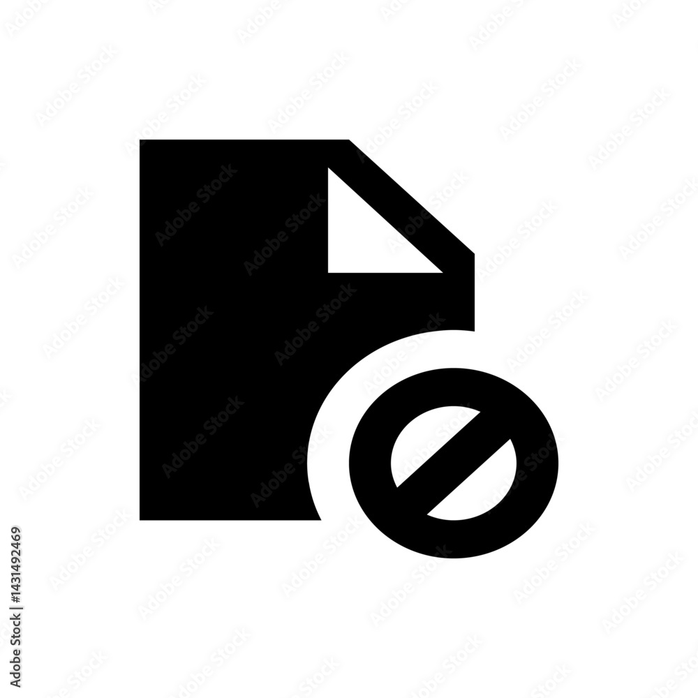 Poster black document icon with a folded corner and a black circle with a diagonal line through it icon 100
