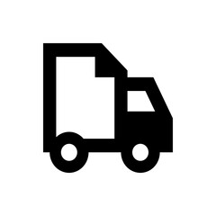 Simple black and white illustration of a delivery truck with two wheels and a rectangular cargo area