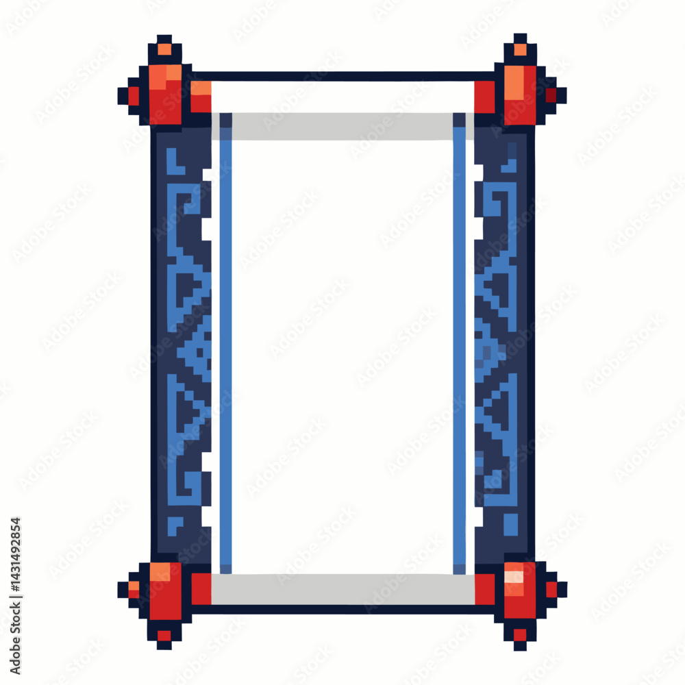 Poster ornate pixel art scroll frame with geometric design in blue and red colors