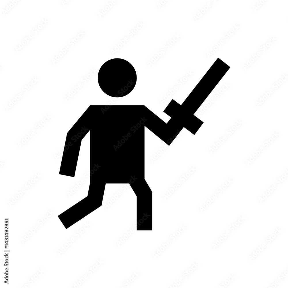 Poster silhouette of a stick figure holding a sword aloft in a dynamic pose with a circular head shape desi