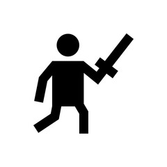 Silhouette of a stick figure holding a sword aloft in a dynamic pose with a circular head shape design