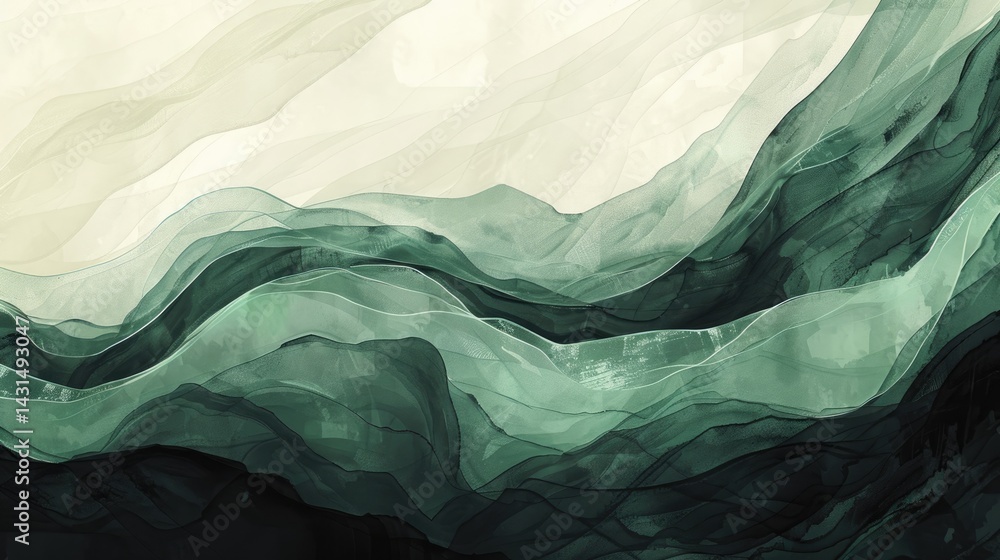 Aufkleber abstract flowing green and beige waves on a light background. digital artwork of wavy pattern with g