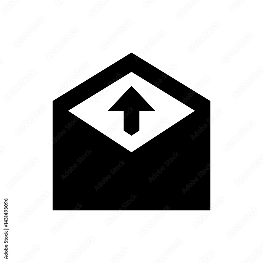 Poster black and white open envelope icon with an arrow pointing upwards inside a diamond shaped opening sh
