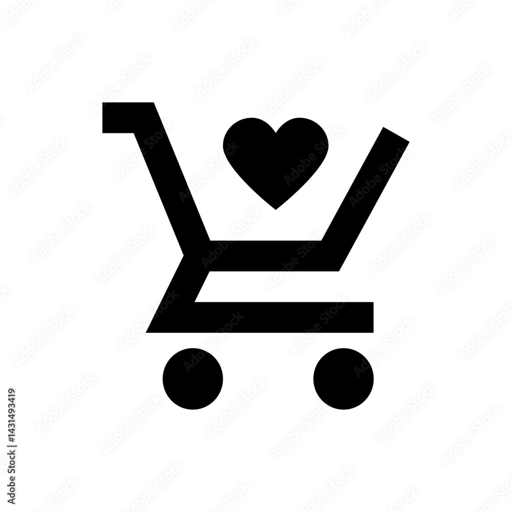 Poster black shopping cart icon with heart symbol inside the cart on a white background in vector format im