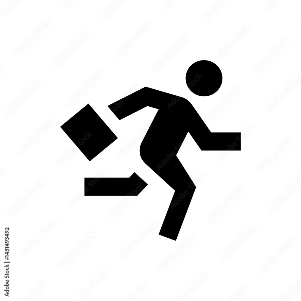Poster silhouette of a running man with a briefcase and motion lines indicating speed and urgency in black 