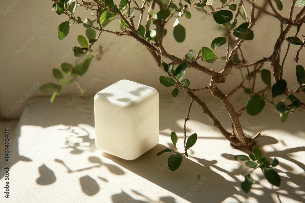 Poster simple white cube object under dappled sunlight.