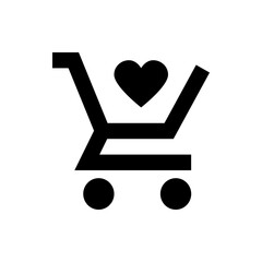 Black shopping cart icon with heart symbol inside the cart on a white background in vector format image