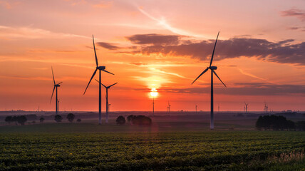 Wind turbines are outlined by the warm glow of the setting sun