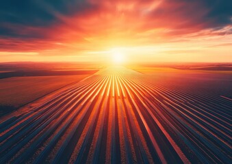 Aerial view of solar panels at sunset, lines converging towards a vibrant sun