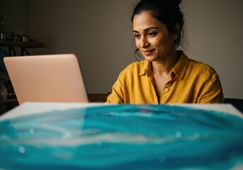 Yellow Shirt Woman Focused on Laptop, Blue Art Below