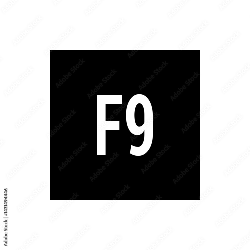 Poster illustration of the text f9 displayed in white color against a solid black rectangular background vi