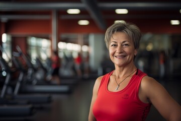 Obraz premium Smiling portrait of a middle aged slightly overweight woman in a gym in sports clothes