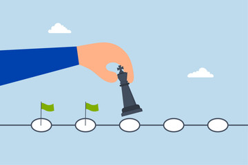 Strategic planning process, businessman move chess king step to achievement.