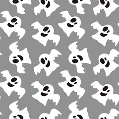 Seamless pattern of cute hand-drawn ghosts on a grey background. Perfect for Halloween designs, spooky decor, kids' party themes, and festive packaging.