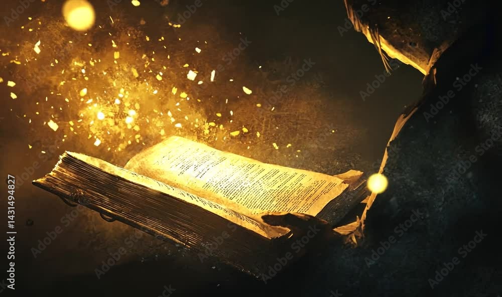 Poster enigmatic figure reading an ancient book, surrounded by glowing particles in a darkened setting