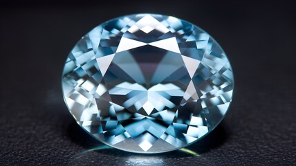 A brilliant aquamarine gemstone, its facets sparkling elegantly against a dark backdrop. The gemstone shows a captivating display of light and color.
