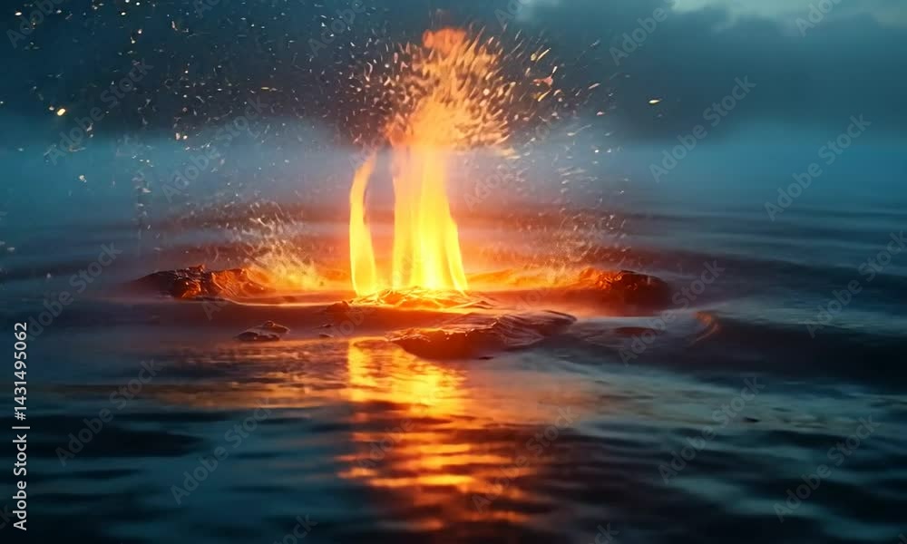 Poster erupting lava in calm waters at dusk with misty background creating a dramatic scene