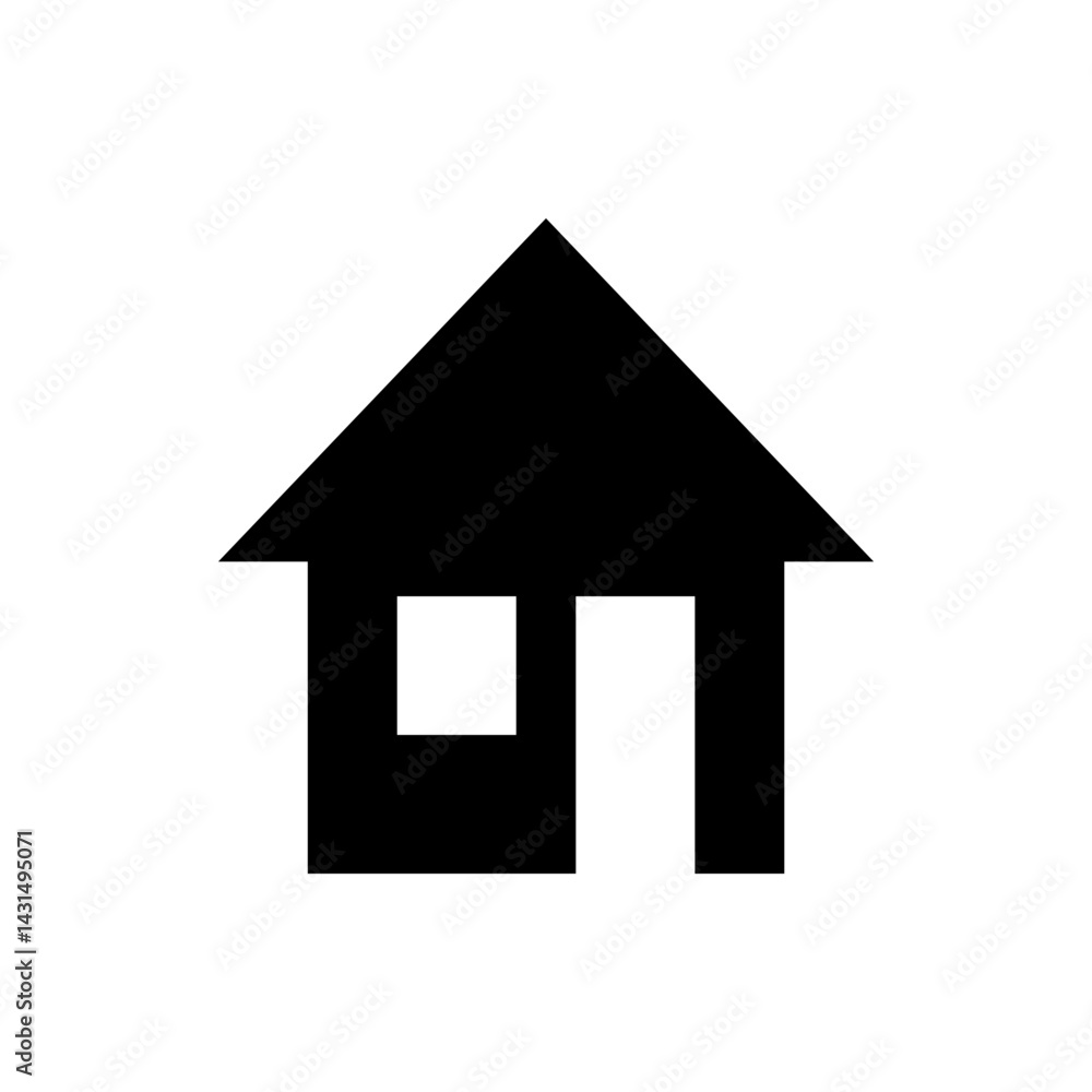Poster simple black house icon with a triangular roof and a square window and door on a white background