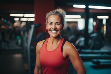 Fototapeta premium Smiling portrait of a middle aged slightly overweight woman in a gym in sports clothes