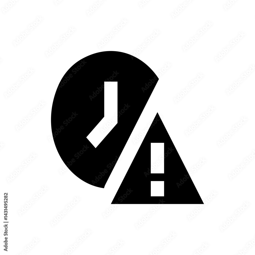 Aufkleber black and white graphic featuring a clock icon and a warning triangle symbol intersecting each other