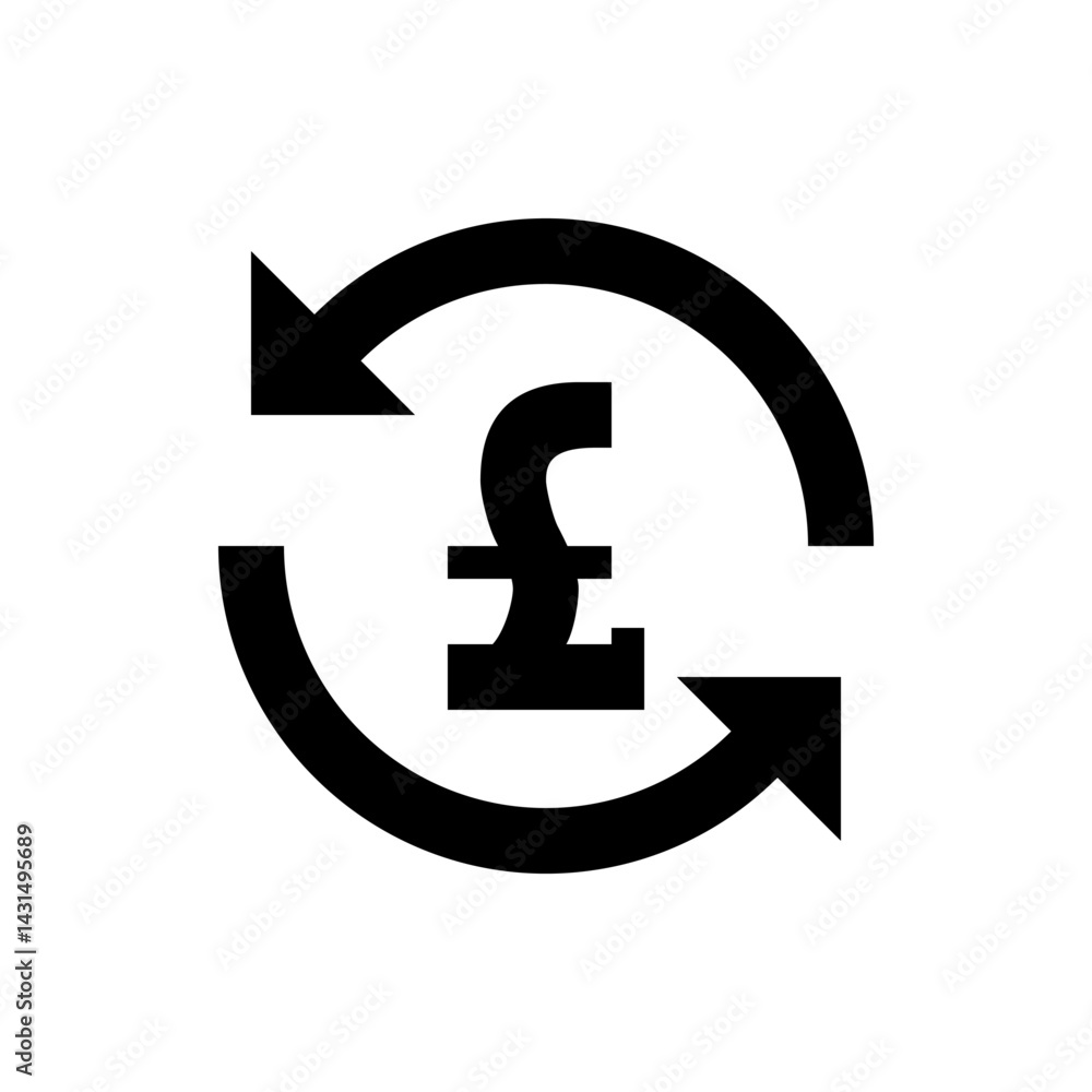 Poster black pound symbol encircled by a circular arrow indicating currency exchange and financial transact