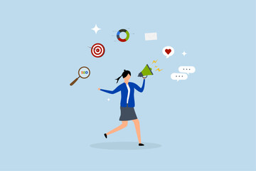 Marketing strategy, woman speak on megaphone with marketing elements.