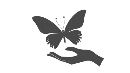 Silhouette of Hand Holding Black Butterfly Minimalist Illustration Vector Art Design on White Background