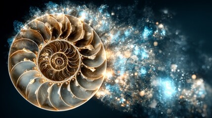 Fibonacci, spiral, fractal, cosmic, mystical, shell, glowing, space, light, galaxy, abstract, swirl, nautilus, pattern, energy, universe, futuristic, stars, fantasy, golden, blue, artistic, symmetry, 