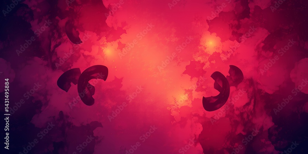 Poster abstract red and purple background with floating dark shapes and glowing particles