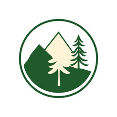 Nature logo design with mountain and tree vector illustration for outdoor adventure company branding